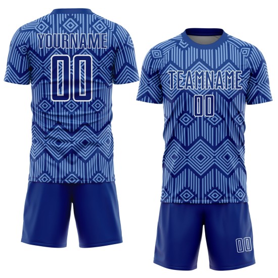 Custom Royal Geometric Jersey Light Shapes Sublimation Uniform Blue-White Soccer Abstract