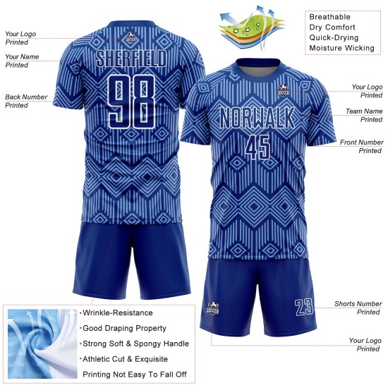 Custom Royal Geometric Jersey Light Shapes Sublimation Uniform Blue-White Soccer Abstract