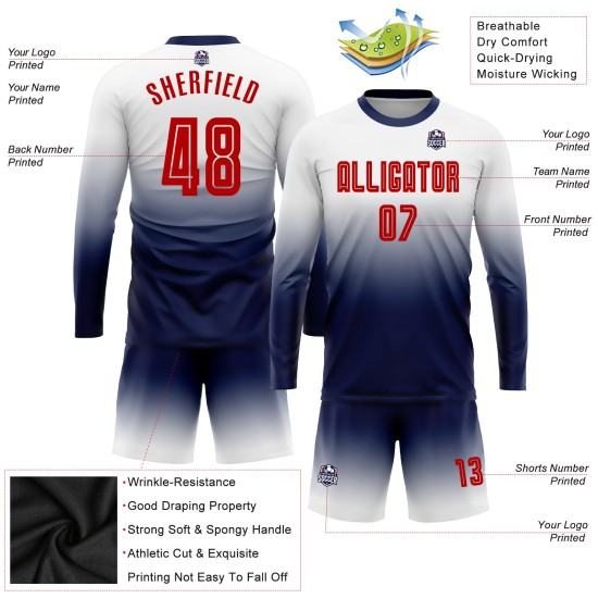 Red-Navy Fade Uniform Sleeve Fashion White Soccer Long Sublimation Jersey Custom Red-Navy Fade Uniform Sleeve Fashion White Soccer Long Sublimation Jersey Custom