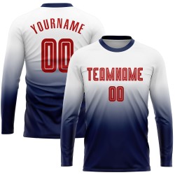 Red-Navy Fade Uniform Sleeve Fashion White Soccer Long Sublimation Jersey Custom