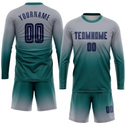Jersey Sublimation Long Fade Uniform Navy-Teal Custom Sleeve Gray Soccer Fashion Jersey Sublimation Long Fade Uniform Navy-Teal Custom Sleeve Gray Soccer Fashion