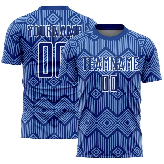 Custom Royal Geometric Jersey Light Shapes Sublimation Uniform Blue-White Soccer Abstract