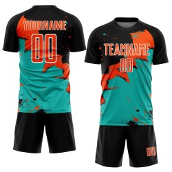 Spalsh Black Jersey Custom Soccer Uniform Sublimation Orange-Aqua Spalsh Black Jersey Custom Soccer Uniform Sublimation Orange-Aqua