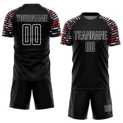Soccer Geometric Custom Black Jersey Sublimation Uniform Shapes White Soccer Geometric Custom Black Jersey Sublimation Uniform Shapes White